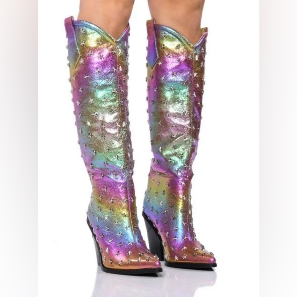 AZALEA WANG Freya Star Studded Iridescent Western Boot In Purple 6.5W